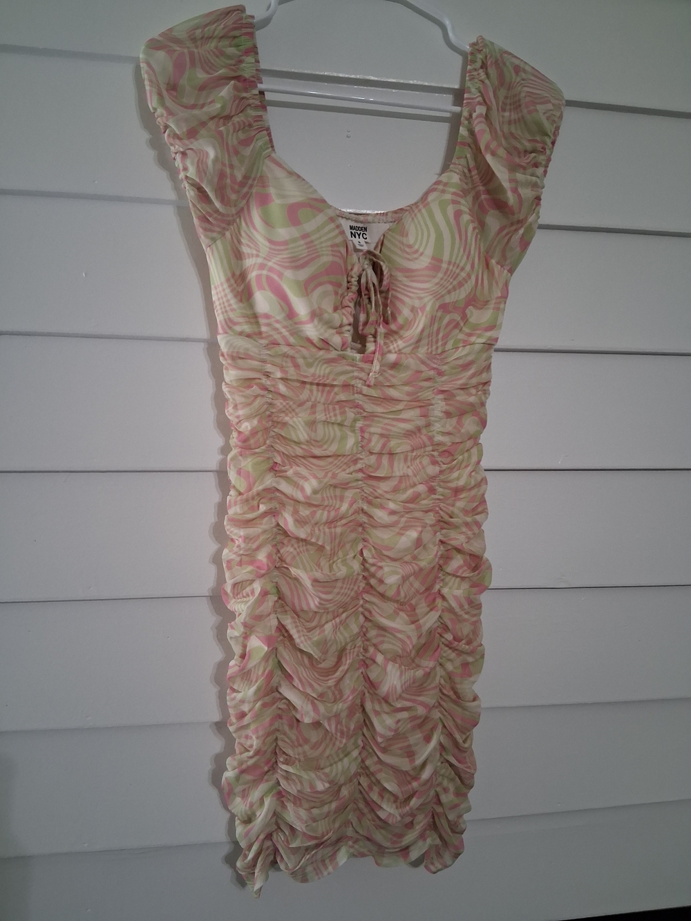 Maðden NYC Ruched Sheer Bodycon Dress in Pastel Pink & Green